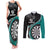 Personalised New Zealand Darts Couples Matching Tank Maxi Dress and Long Sleeve Button Shirt Koru Tribal Tattoo and Silver Fern Maori Pattern Teal Color