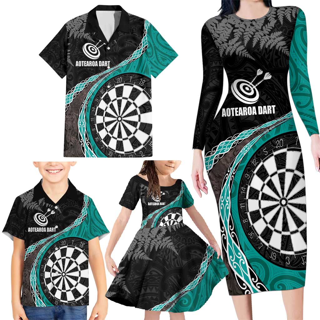 Personalised New Zealand Darts Family Matching Long Sleeve Bodycon Dress and Hawaiian Shirt Koru Tribal Tattoo and Silver Fern Maori Pattern Teal Color