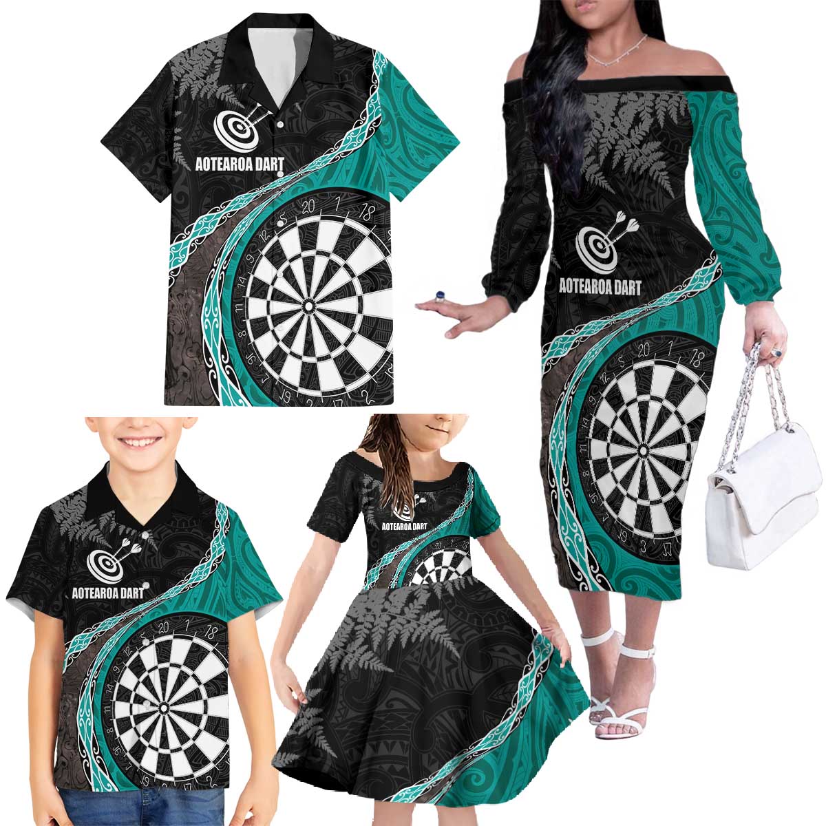 Personalised New Zealand Darts Family Matching Off The Shoulder Long Sleeve Dress and Hawaiian Shirt Koru Tribal Tattoo and Silver Fern Maori Pattern Teal Color