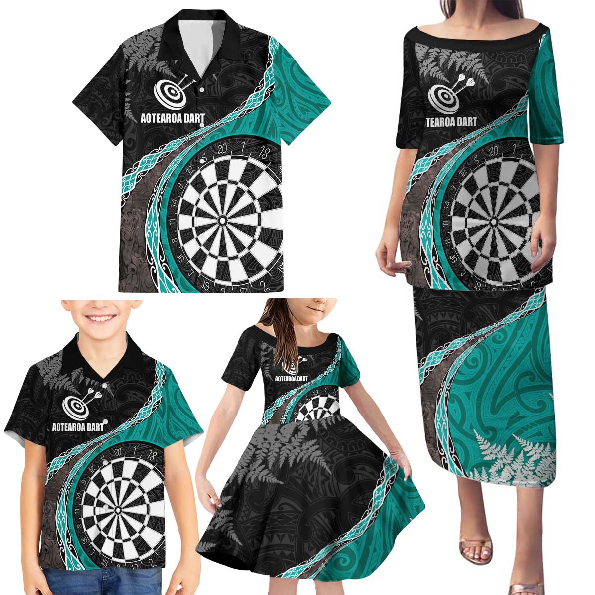 Personalised New Zealand Darts Family Matching Puletasi and Hawaiian Shirt Koru Tribal Tattoo and Silver Fern Maori Pattern Teal Color