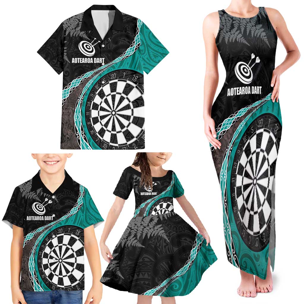 Personalised New Zealand Darts Family Matching Tank Maxi Dress and Hawaiian Shirt Koru Tribal Tattoo and Silver Fern Maori Pattern Teal Color