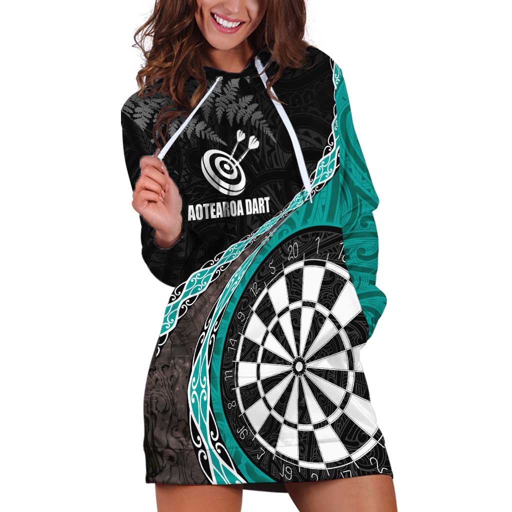 Personalised New Zealand Darts Hoodie Dress Koru Tribal Tattoo and Silver Fern Maori Pattern Teal Color