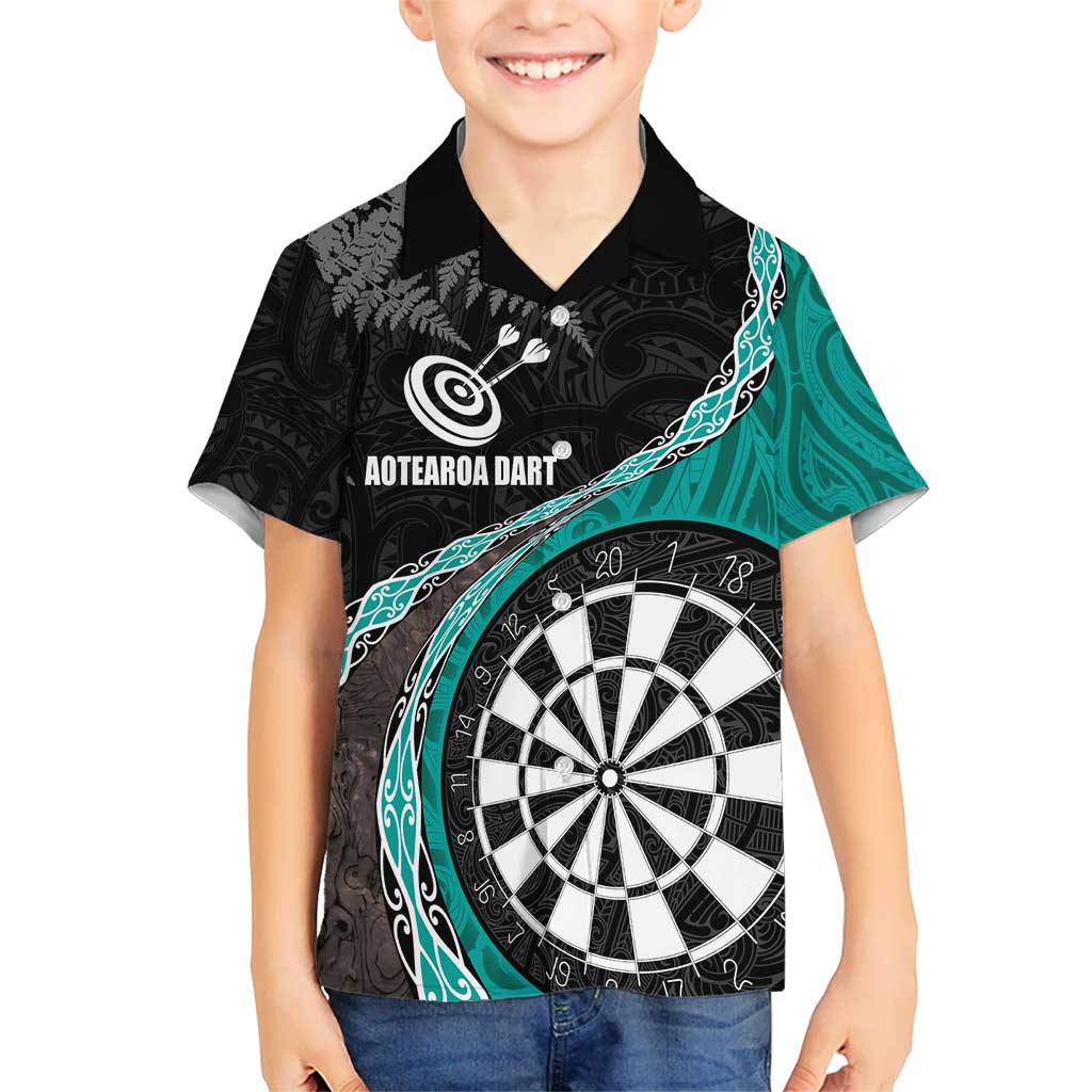 Personalised New Zealand Darts Kid Hawaiian Shirt Koru Tribal Tattoo and Silver Fern Maori Pattern Teal Color LT03 Kid Teal - Polynesian Pride