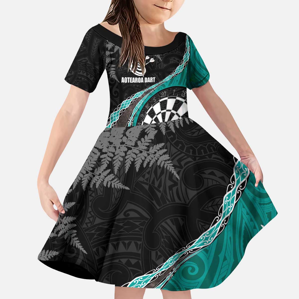 Personalised New Zealand Darts Kid Short Sleeve Dress Koru Tribal Tattoo and Silver Fern Maori Pattern Teal Color