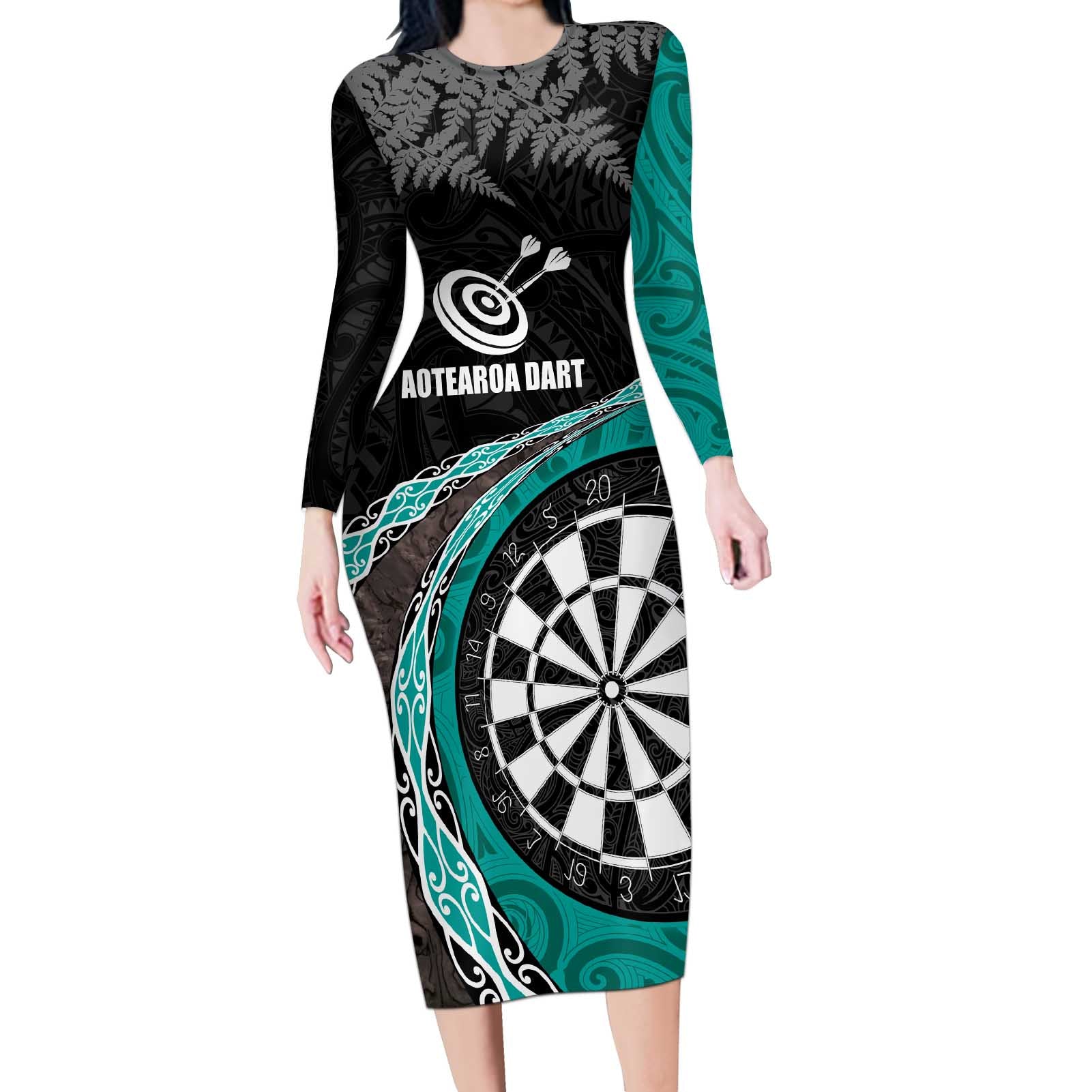 Personalised New Zealand Darts Long Sleeve Bodycon Dress Koru Tribal Tattoo and Silver Fern Maori Pattern Teal Color