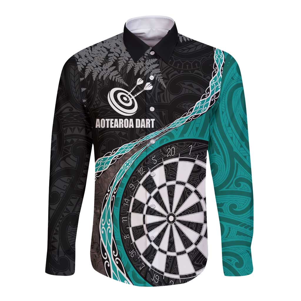 Personalised New Zealand Darts Long Sleeve Button Shirt Koru Tribal Tattoo and Silver Fern Maori Pattern Teal Color