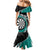 Personalised New Zealand Darts Mermaid Dress Koru Tribal Tattoo and Silver Fern Maori Pattern Teal Color