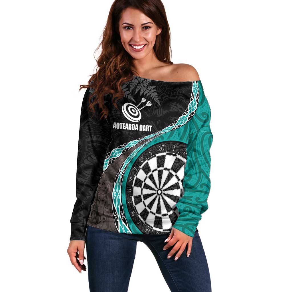 Personalised New Zealand Darts Off Shoulder Sweater Koru Tribal Tattoo and Silver Fern Maori Pattern Teal Color LT03 Women Teal - Polynesian Pride