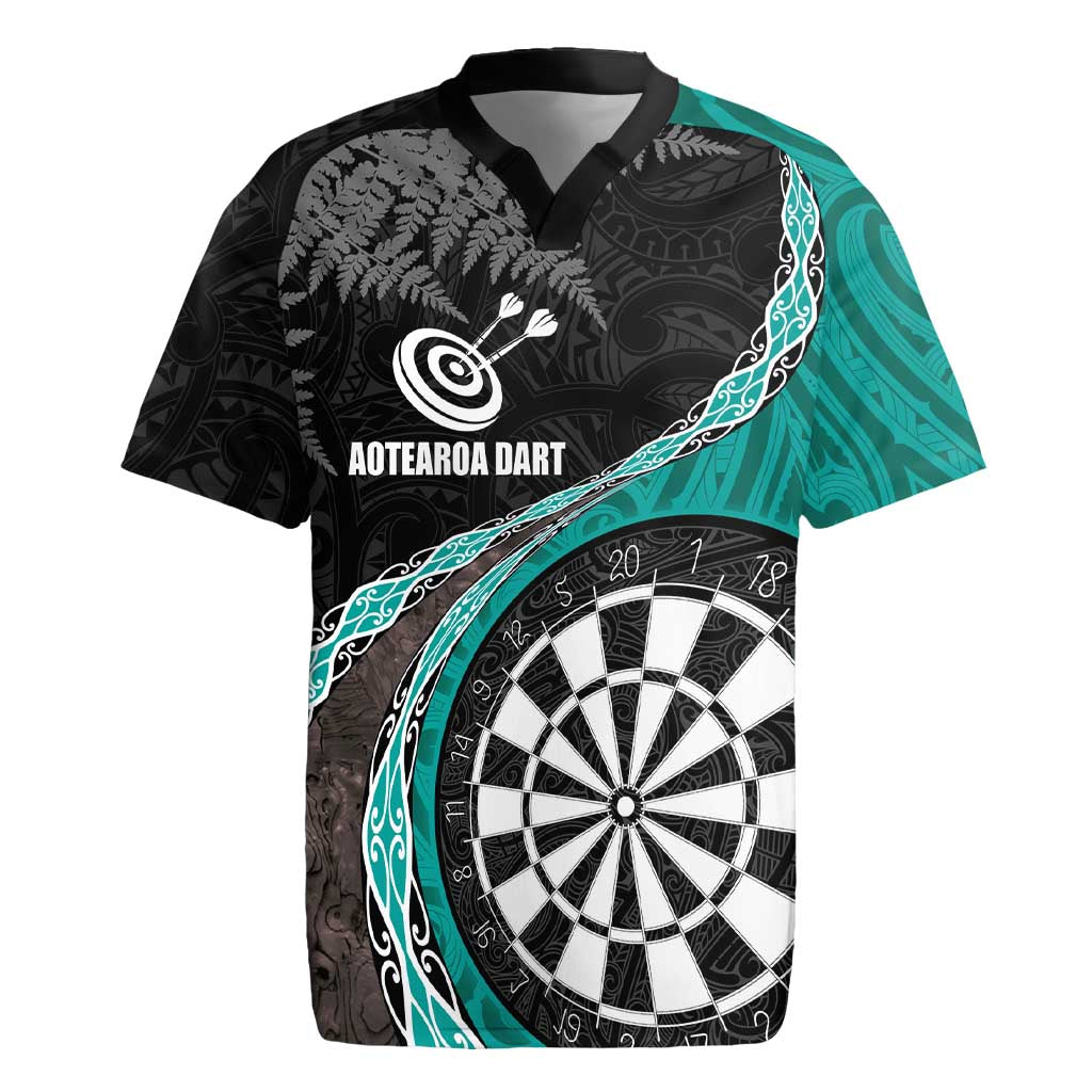 Personalised New Zealand Darts Rugby Jersey Koru Tribal Tattoo and Silver Fern Maori Pattern Teal Color