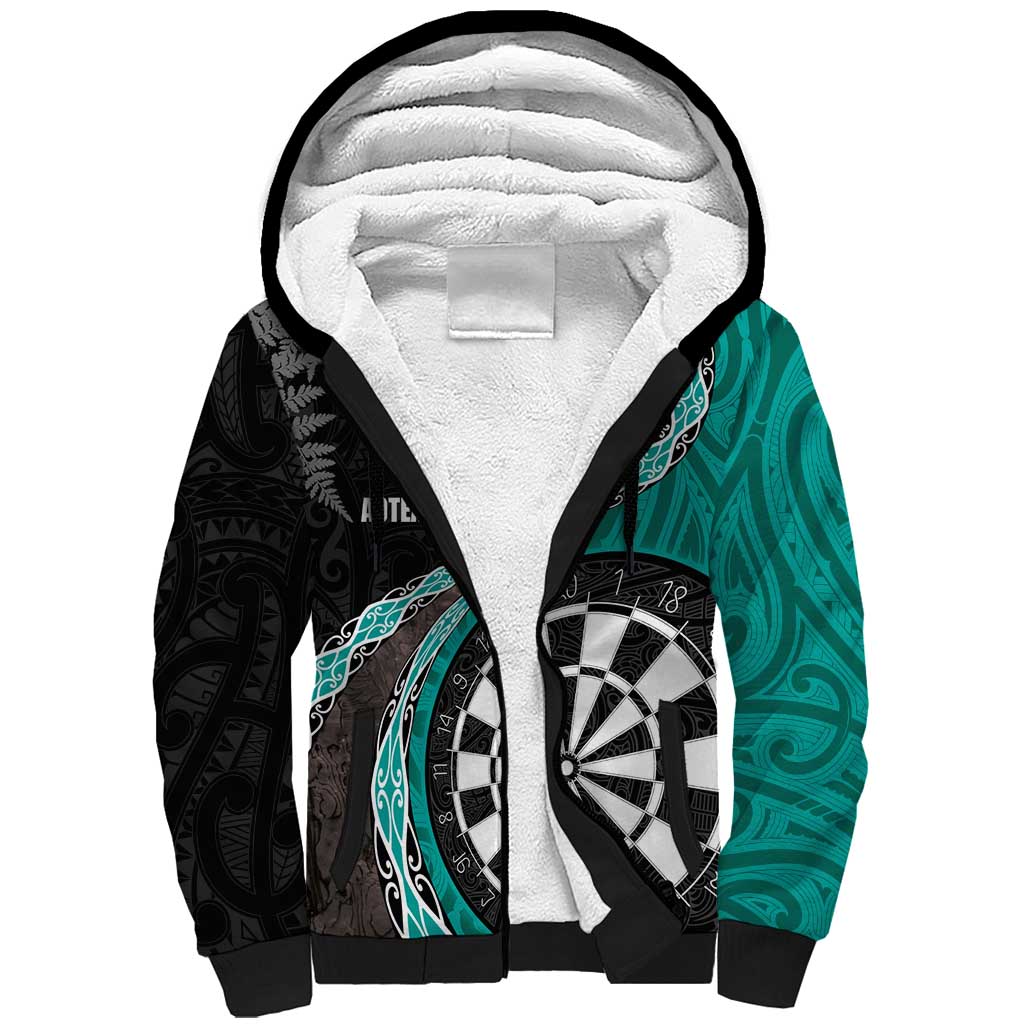 Personalised New Zealand Darts Sherpa Hoodie Koru Tribal Tattoo and Silver Fern Maori Pattern Teal Color