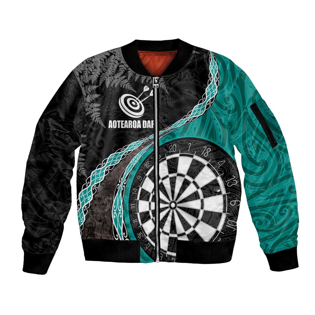 Personalised New Zealand Darts Sleeve Zip Bomber Jacket Koru Tribal Tattoo and Silver Fern Maori Pattern Teal Color