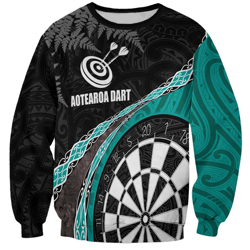 Personalised New Zealand Darts Sweatshirt Koru Tribal Tattoo and Silver Fern Maori Pattern Teal Color