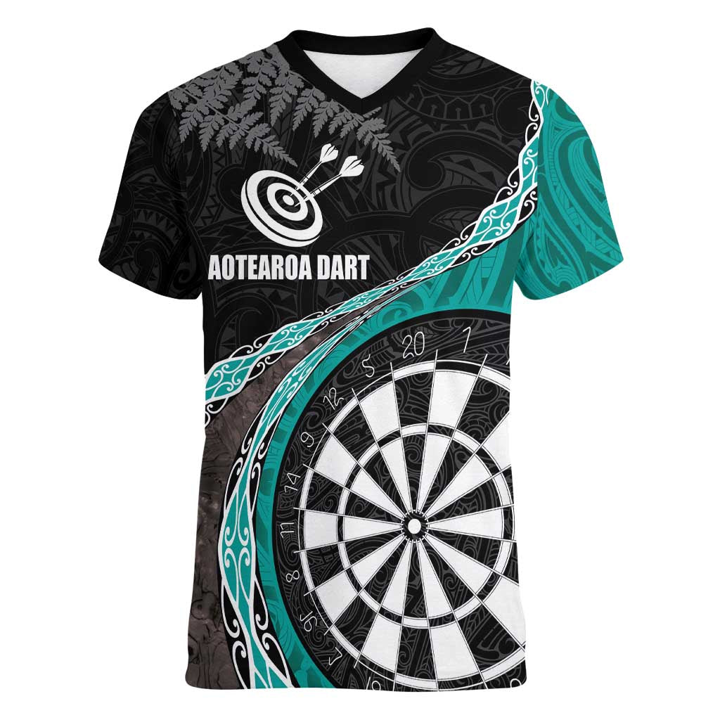 Personalised New Zealand Darts Women V-Neck T-Shirt Koru Tribal Tattoo and Silver Fern Maori Pattern Teal Color