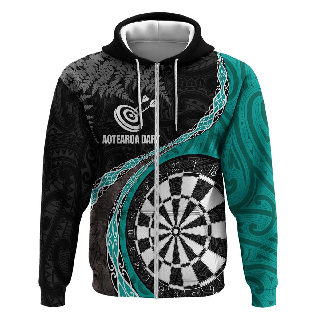 Personalised New Zealand Darts Zip Hoodie Koru Tribal Tattoo and Silver Fern Maori Pattern Teal Color LT03 Zip Hoodie Teal - Polynesian Pride