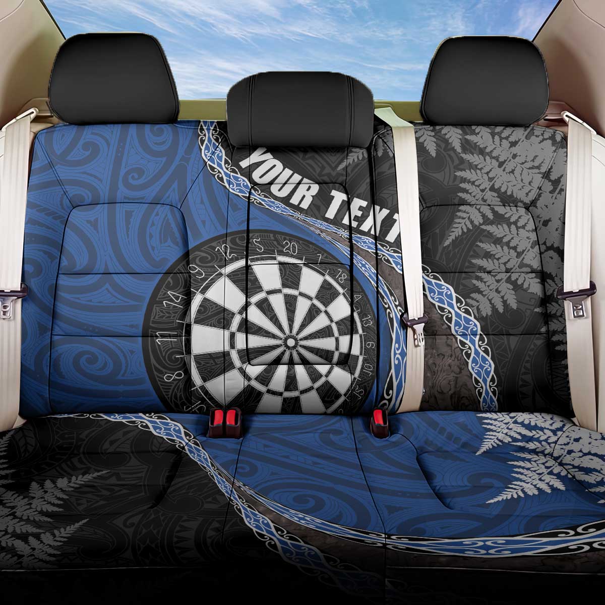 Personalised New Zealand Darts Back Car Seat Cover Koru Tribal Tattoo and Silver Fern Maori Pattern Blue Color