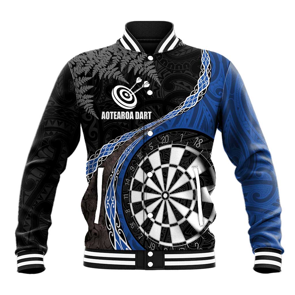 Personalised New Zealand Darts Baseball Jacket Koru Tribal Tattoo and Silver Fern Maori Pattern Blue Color LT03 Unisex Blue - Polynesian Pride