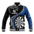 Personalised New Zealand Darts Baseball Jacket Koru Tribal Tattoo and Silver Fern Maori Pattern Blue Color