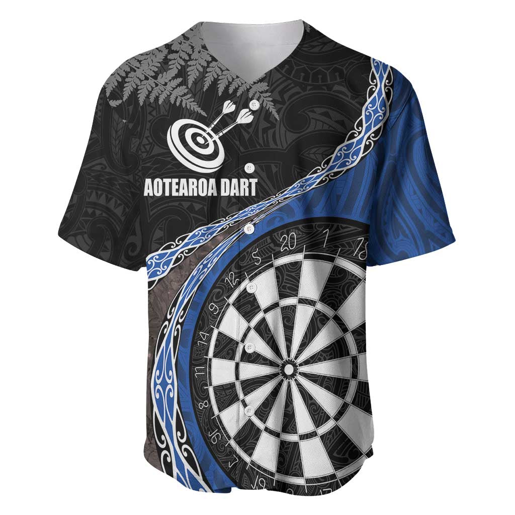 Personalised New Zealand Darts Baseball Jersey Koru Tribal Tattoo and Silver Fern Maori Pattern Blue Color LT03 Blue - Polynesian Pride