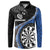 Personalised New Zealand Darts Button Sweatshirt Koru Tribal Tattoo and Silver Fern Maori Pattern Blue Color