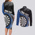 Personalised New Zealand Darts Couples Matching Long Sleeve Bodycon Dress and Long Sleeve Button Shirt Koru Tribal Tattoo and Silver Fern Maori Pattern Blue Color