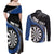 Personalised New Zealand Darts Couples Matching Off Shoulder Maxi Dress and Long Sleeve Button Shirt Koru Tribal Tattoo and Silver Fern Maori Pattern Blue Color