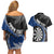 Personalised New Zealand Darts Couples Matching Off Shoulder Short Dress and Hawaiian Shirt Koru Tribal Tattoo and Silver Fern Maori Pattern Blue Color