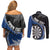 Personalised New Zealand Darts Couples Matching Off Shoulder Short Dress and Long Sleeve Button Shirt Koru Tribal Tattoo and Silver Fern Maori Pattern Blue Color