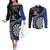 Personalised New Zealand Darts Couples Matching Off The Shoulder Long Sleeve Dress and Long Sleeve Button Shirt Koru Tribal Tattoo and Silver Fern Maori Pattern Blue Color