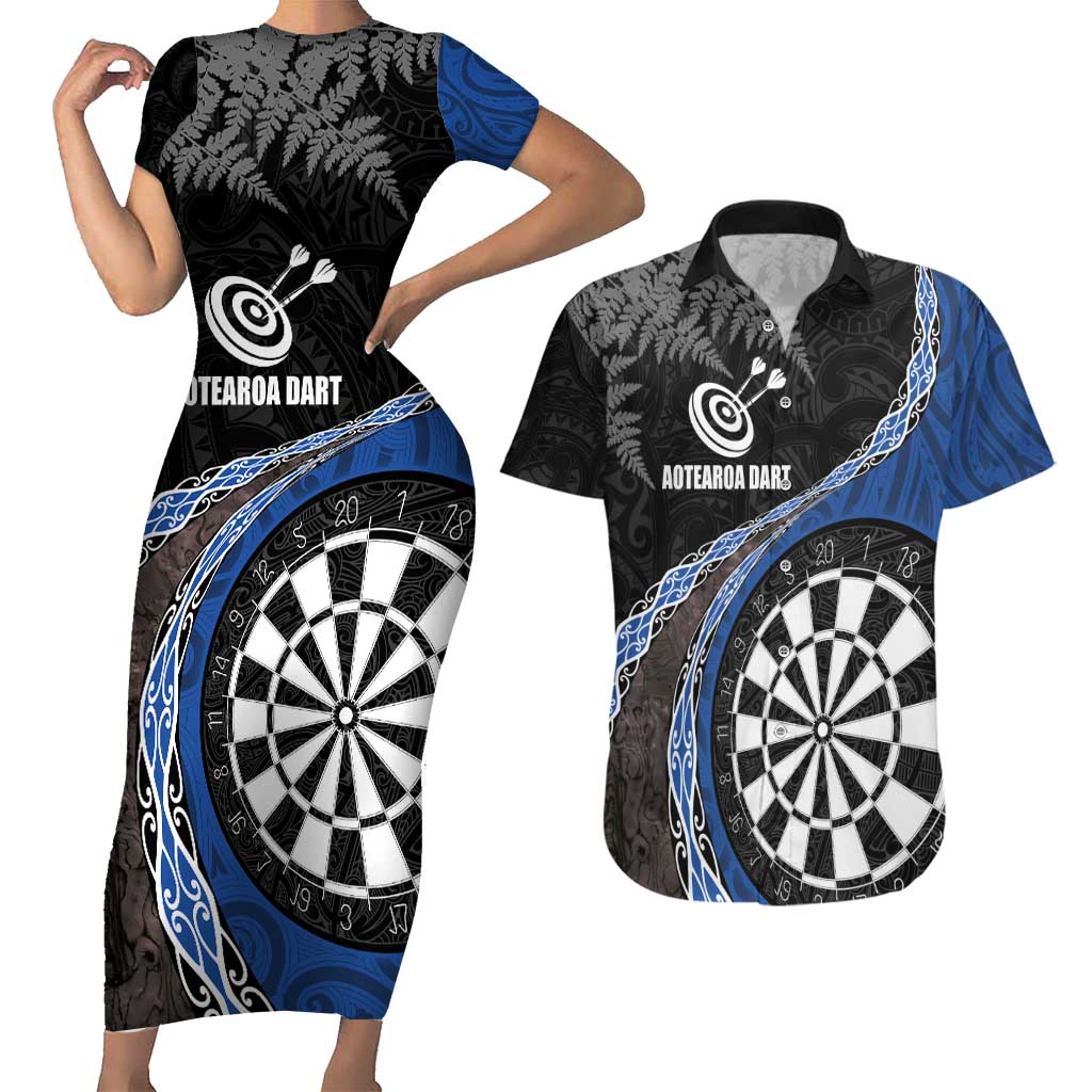 Personalised New Zealand Darts Couples Matching Short Sleeve Bodycon Dress and Hawaiian Shirt Koru Tribal Tattoo and Silver Fern Maori Pattern Blue Color