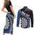 Personalised New Zealand Darts Couples Matching Short Sleeve Bodycon Dress and Long Sleeve Button Shirt Koru Tribal Tattoo and Silver Fern Maori Pattern Blue Color