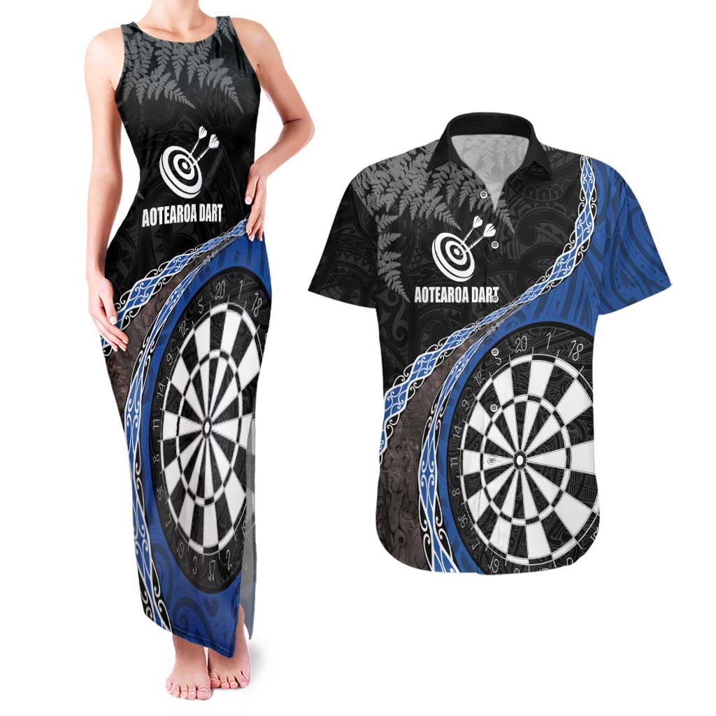 Personalised New Zealand Darts Couples Matching Tank Maxi Dress and Hawaiian Shirt Koru Tribal Tattoo and Silver Fern Maori Pattern Blue Color