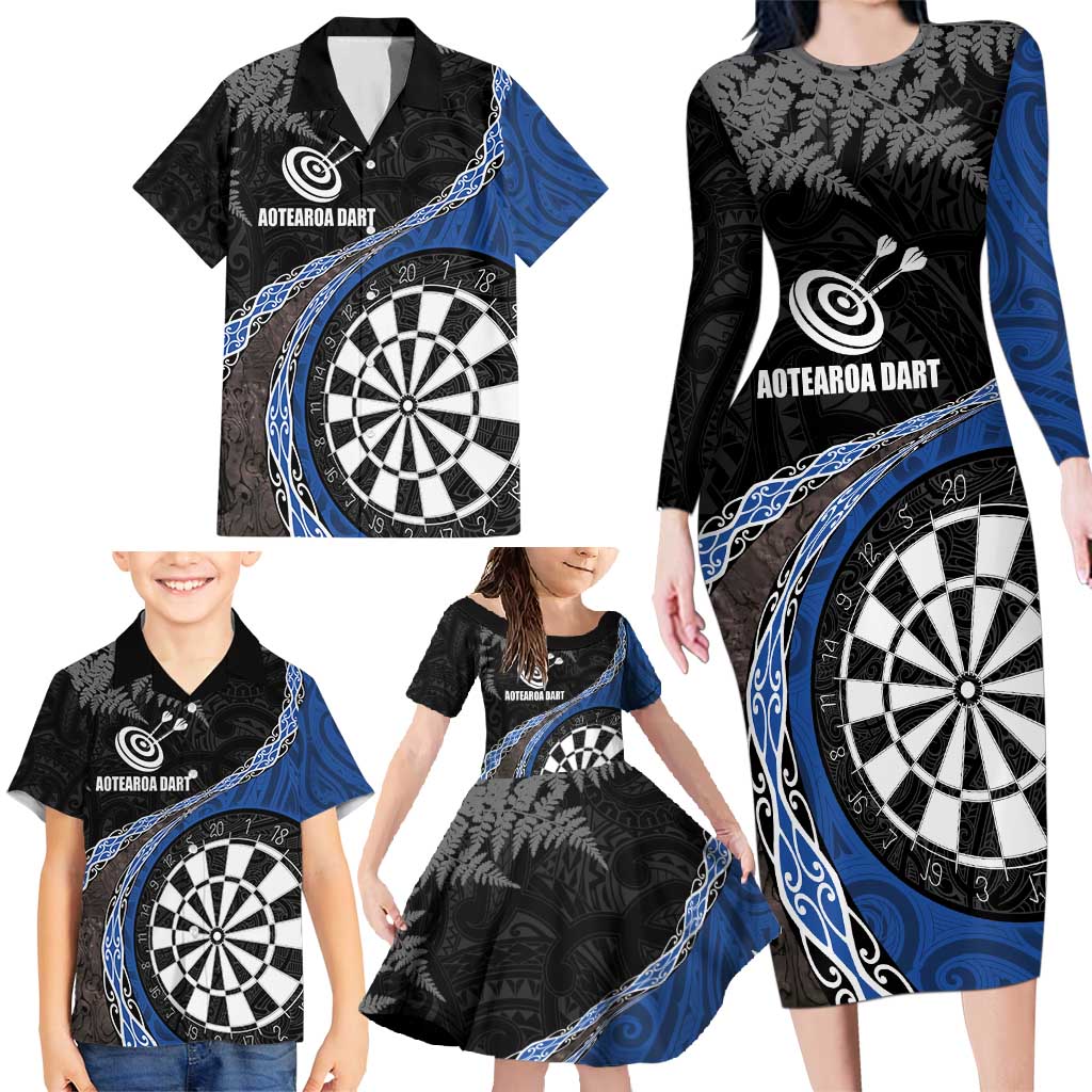 Personalised New Zealand Darts Family Matching Long Sleeve Bodycon Dress and Hawaiian Shirt Koru Tribal Tattoo and Silver Fern Maori Pattern Blue Color