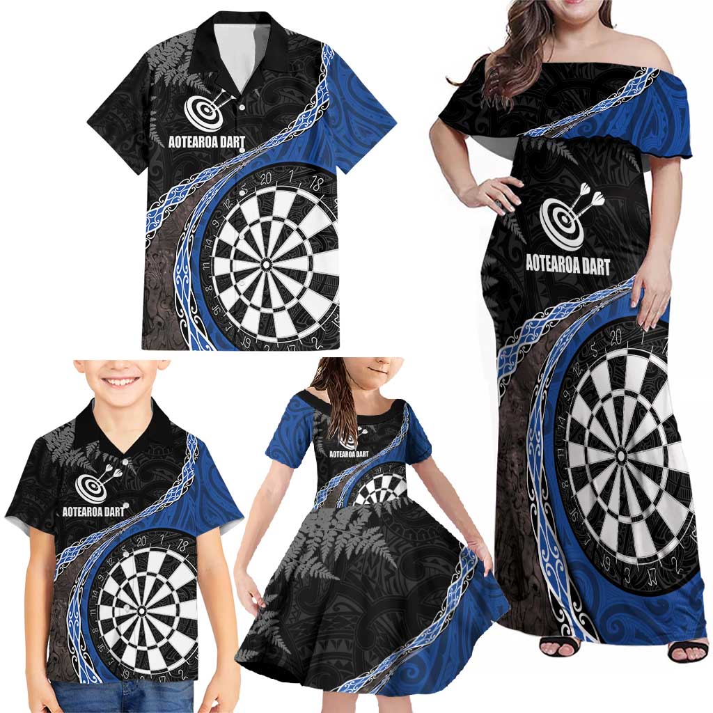 Personalised New Zealand Darts Family Matching Off Shoulder Maxi Dress and Hawaiian Shirt Koru Tribal Tattoo and Silver Fern Maori Pattern Blue Color