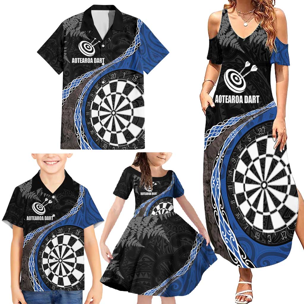 Personalised New Zealand Darts Family Matching Summer Maxi Dress and Hawaiian Shirt Koru Tribal Tattoo and Silver Fern Maori Pattern Blue Color