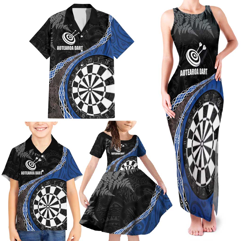 Personalised New Zealand Darts Family Matching Tank Maxi Dress and Hawaiian Shirt Koru Tribal Tattoo and Silver Fern Maori Pattern Blue Color