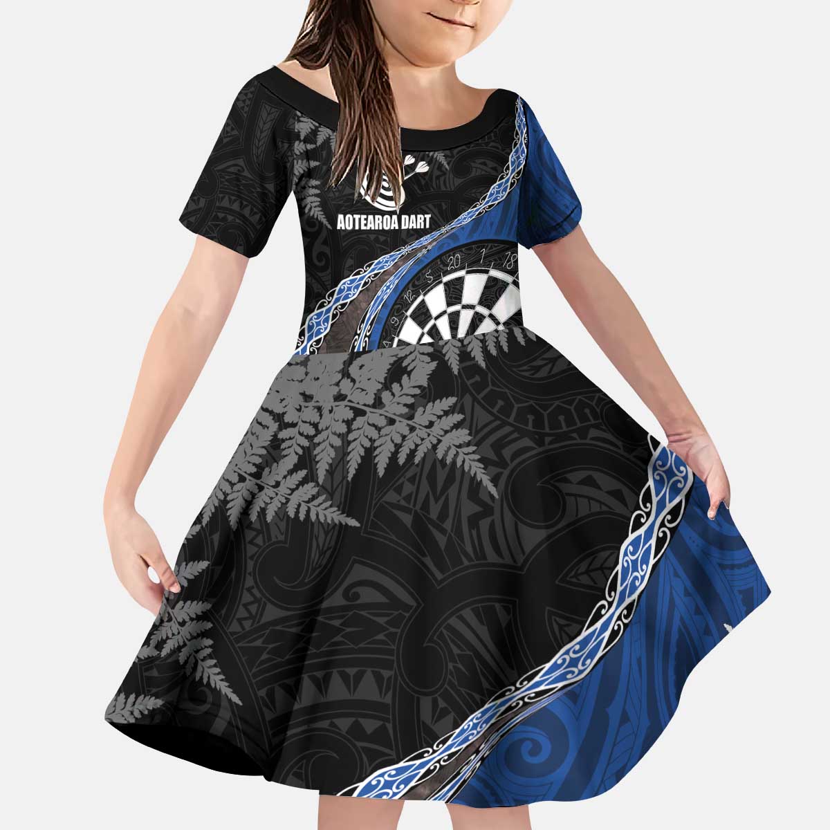 Personalised New Zealand Darts Kid Short Sleeve Dress Koru Tribal Tattoo and Silver Fern Maori Pattern Blue Color LT03 KID Blue - Polynesian Pride