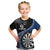 Personalised New Zealand Darts Kid T Shirt Koru Tribal Tattoo and Silver Fern Maori Pattern Blue Color