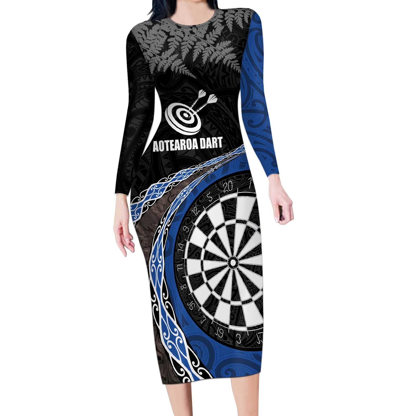 Personalised New Zealand Darts Long Sleeve Bodycon Dress Koru Tribal Tattoo and Silver Fern Maori Pattern Blue Color