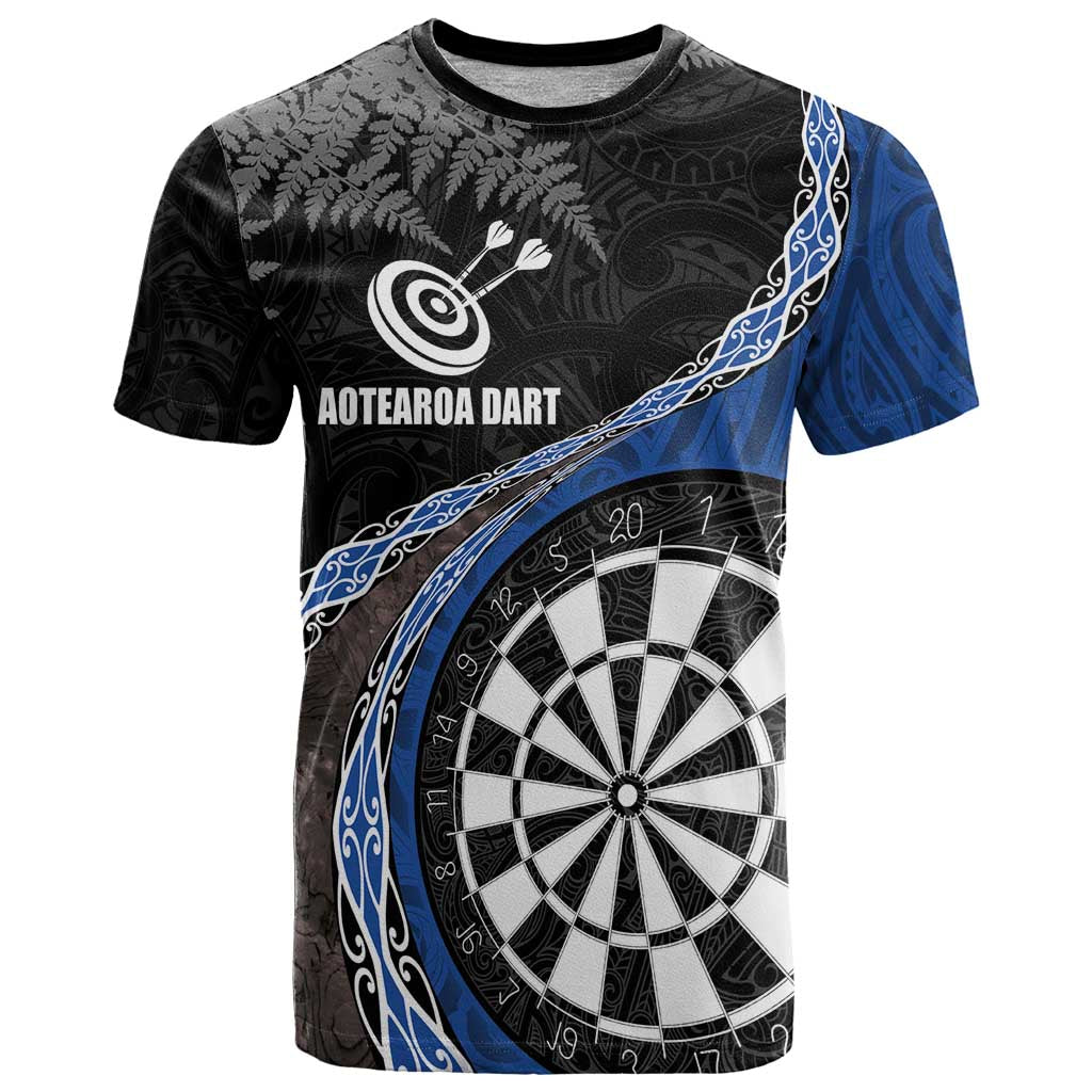 Personalised New Zealand Darts T Shirt Koru Tribal Tattoo and Silver Fern Maori Pattern Blue Color