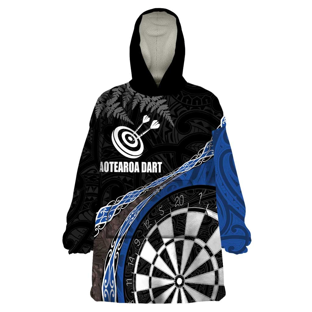 Personalised New Zealand Darts Wearable Blanket Hoodie Koru Tribal Tattoo and Silver Fern Maori Pattern Blue Color