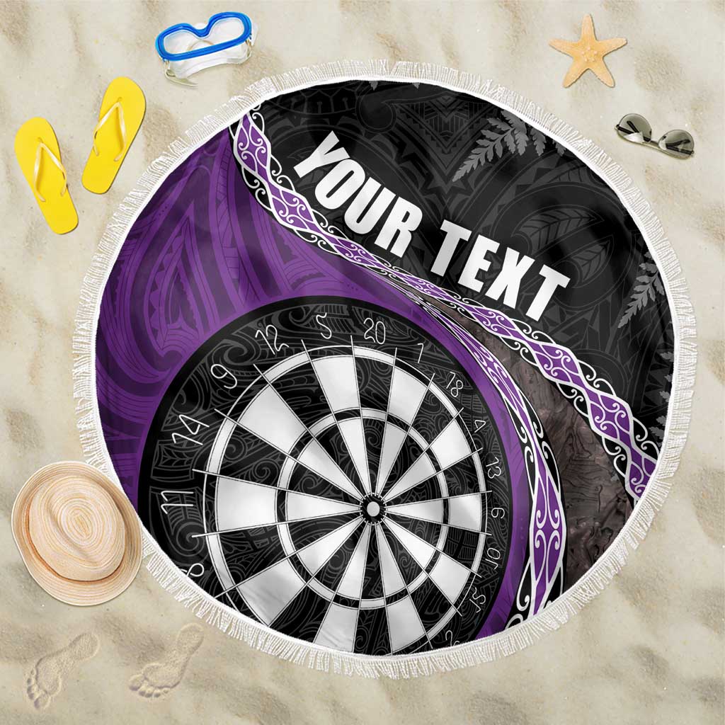 Personalised New Zealand Darts Beach Blanket Koru Tribal Tattoo and Silver Fern Maori Pattern Purple Color