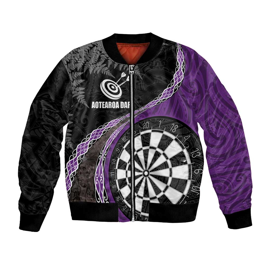 Personalised New Zealand Darts Bomber Jacket Koru Tribal Tattoo and Silver Fern Maori Pattern Purple Color