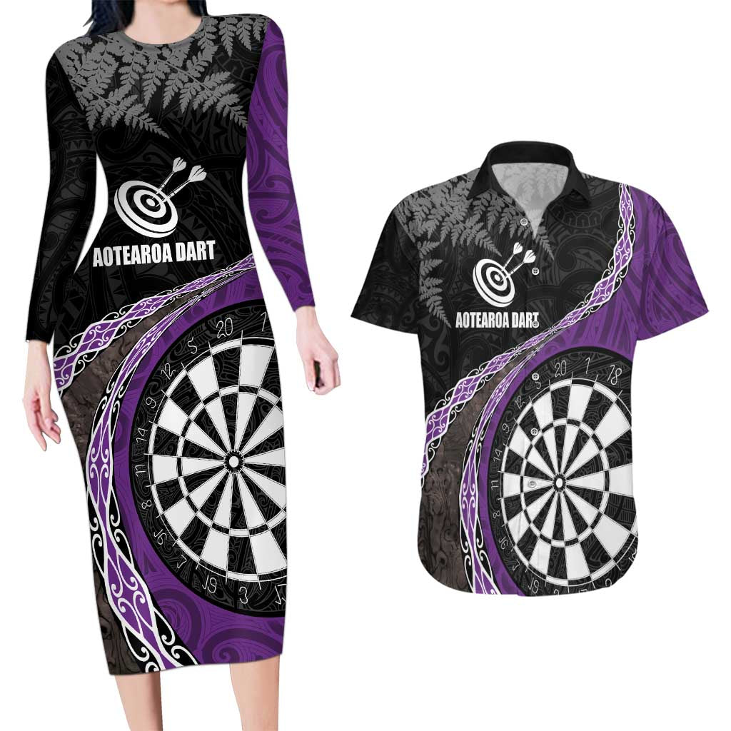 Personalised New Zealand Darts Couples Matching Long Sleeve Bodycon Dress and Hawaiian Shirt Koru Tribal Tattoo and Silver Fern Maori Pattern Purple Color