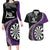 Personalised New Zealand Darts Couples Matching Long Sleeve Bodycon Dress and Hawaiian Shirt Koru Tribal Tattoo and Silver Fern Maori Pattern Purple Color