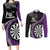 Personalised New Zealand Darts Couples Matching Long Sleeve Bodycon Dress and Long Sleeve Button Shirt Koru Tribal Tattoo and Silver Fern Maori Pattern Purple Color