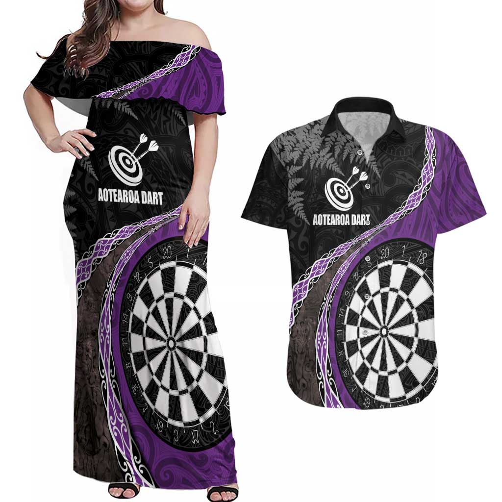 Personalised New Zealand Darts Couples Matching Off Shoulder Maxi Dress and Hawaiian Shirt Koru Tribal Tattoo and Silver Fern Maori Pattern Purple Color