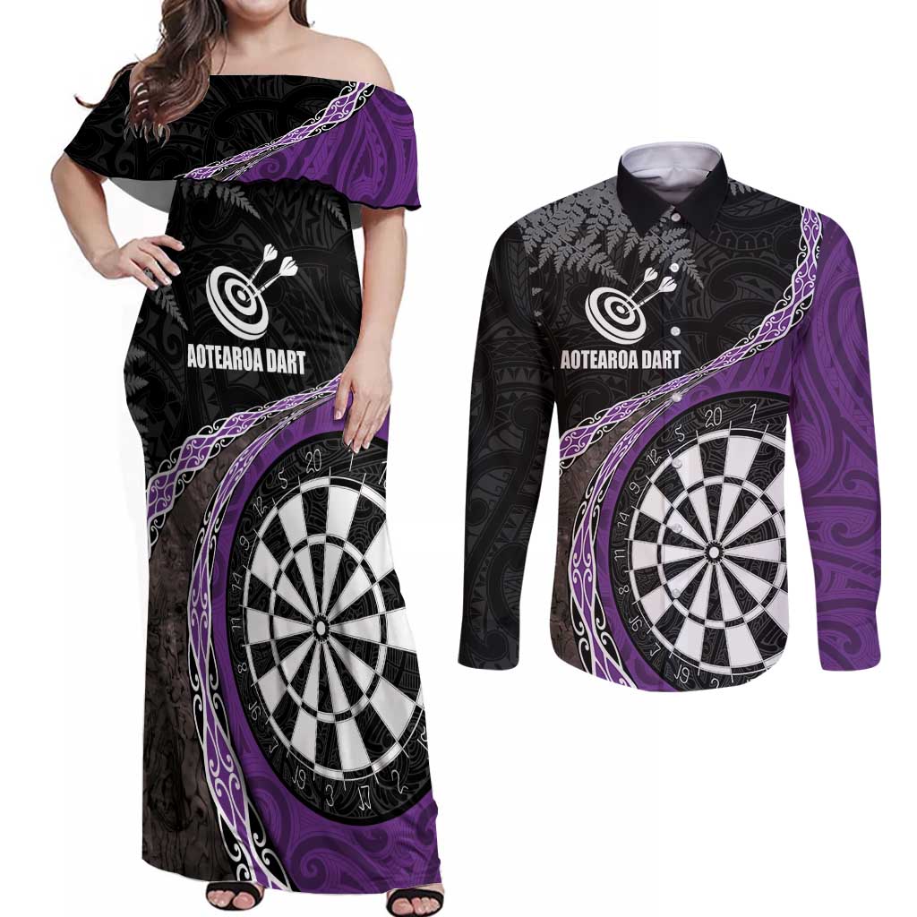 Personalised New Zealand Darts Couples Matching Off Shoulder Maxi Dress and Long Sleeve Button Shirt Koru Tribal Tattoo and Silver Fern Maori Pattern Purple Color