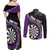 Personalised New Zealand Darts Couples Matching Off Shoulder Maxi Dress and Long Sleeve Button Shirt Koru Tribal Tattoo and Silver Fern Maori Pattern Purple Color