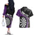 Personalised New Zealand Darts Couples Matching Off The Shoulder Long Sleeve Dress and Hawaiian Shirt Koru Tribal Tattoo and Silver Fern Maori Pattern Purple Color