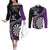 Personalised New Zealand Darts Couples Matching Off The Shoulder Long Sleeve Dress and Long Sleeve Button Shirt Koru Tribal Tattoo and Silver Fern Maori Pattern Purple Color